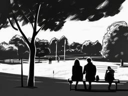 drawing of friends in a park  minimal rough sketch scribbles,doodles,black and white