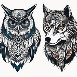 Owl and Wolf Tattoo - Symbolize wisdom and strength with an owl and wolf-themed tattoo.  simple color tattoo,vector style,white background