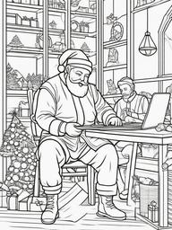 Santa with Elves Coloring Pages - Working in His Christmas Workshop  minimal black outline printable sheet, coloring page