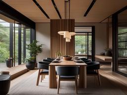 The dining room embodies Japandi interior design with a wooden table, simple yet elegant seating, and natural light that creates a warm and welcoming space for meals.  