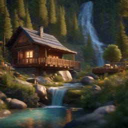 waterfall,  mountain cabin  details, rich colors, beautiful lighting, photorealistic, isometric art, bright colors unreal engine,4K results, EOS 50D. iso 1300,photograph, extreme tilt shift, draw by Jacek Yerka, unreal engine 