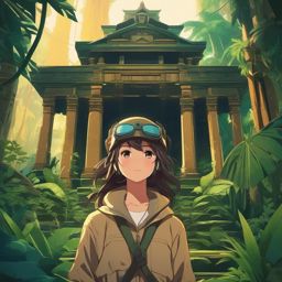 Adventurous explorer in a lost jungle temple.  front facing ,centered portrait shot, cute anime color style, pfp, full face visible