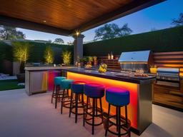 In the outdoor kitchen, cosmic chic interior design showcases a stylish bar area with colorful stools, celestial-themed accents, and ambient lighting that enhances outdoor entertaining.  