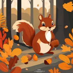 Squirrel Clipart - Squirrel gathering acorns in an autumn forest , minimal, 2d