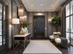 Luxury Glam entryway offers stylish finishes, plush seating, and decorative accents that create an upscale yet functional space for welcoming guests.  