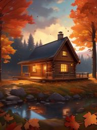 Aesthetic Fall Wallpaper - Cozy Fall Cabin in the Woods, Autumn's Charm  intricate patterns, splash art, wallpaper art