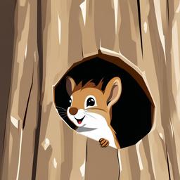 Squirrel clipart - baby squirrel peeking out of a hole in a tree  color,minimalist,vector clipart