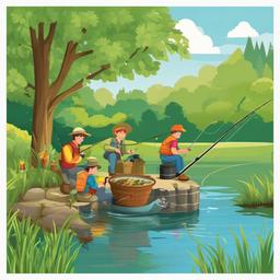 Fishing clipart - fishing with friends by a river  