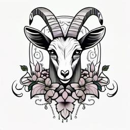 Goat with grapes and ivy leaves  ,tattoo design, white background