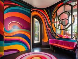 The foyer features psychedelic interior design with swirling patterns, bright colors, and eye-catching art that invites guests into a dynamic and engaging home.  