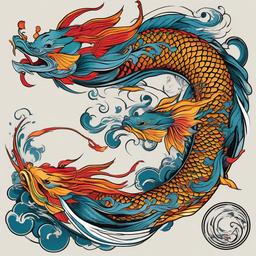 Koi Fish Dragon Tattoos-Bold and dynamic tattoo featuring Koi fish and dragons, capturing themes of strength, transformation, and resilience.  simple color vector tattoo