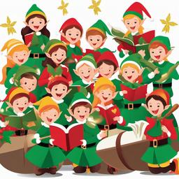 Elf clipart - group of elves singing Christmas carols  color,minimalist,vector clipart