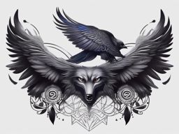 Wolf Raven Tattoo,mysterious union of the enigmatic wolf and the intelligent raven, embodiment of mystique. , tattoo design, white clean background