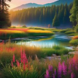 Aesthetic Landscape Wallpaper Serene Meadow Views by the Riverside wallpaper splash art, vibrant colors, intricate patterns