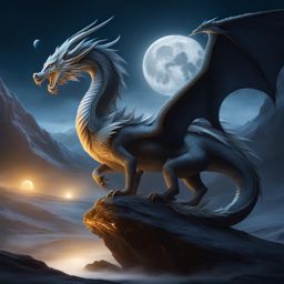 lunar dragon with a lair on the moon, influencing lunar cycles and bathed in the silvery glow of moonlight. 