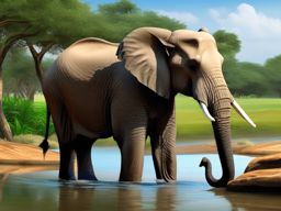 Elephant Clipart by a Watering Hole,Noble elephant at a peaceful watering hole, symbolizing strength and wisdom. 