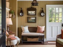 Cottage entryway features cozy furnishings, vintage decor, and warm colors that create a charming and inviting atmosphere for guests.  