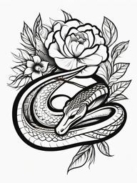 Snake with Flower Tattoo - Tattoo featuring a snake and flower motif.  simple vector tattoo,minimalist,white background