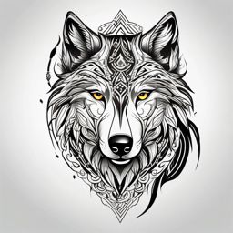 Wolf and Tribal Tattoo,magnificent wolf intertwined with tribal elements, reflecting primal wisdom and unity with nature. , tattoo design, white clean background