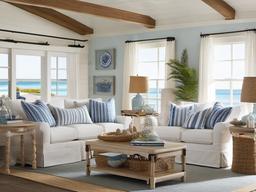 Coastal living room features slipcovered sofas, light wooden furniture, and nautical-themed decor, bringing a relaxed beach vibe indoors.  