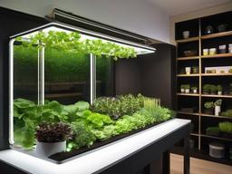 The garden room showcases futuristic interior design with hydroponic setups, sleek planters, and smart gardening tools that bring modern technology into indoor gardening.  