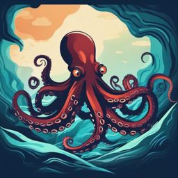 Deep-Sea Octopus in the Abyss Clip Art - An octopus in the mysterious depths of the abyss,  color vector clipart, minimal style