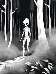 drawing of an alien in a forest  minimal rough sketch scribbles,doodles,black and white