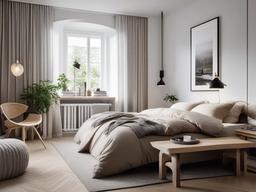 Scandinavian-style bedroom with light wood furnishings and cozy textiles.  