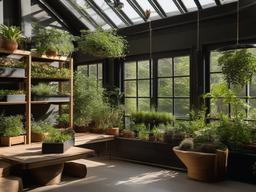 The greenhouse showcases Wabi Sabi interior design with organic planters, natural light, and simple shelving that create an inspiring environment for gardening and plant care.  