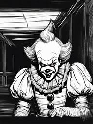 drawing of Pennywise in a dark, abandoned place  minimal rough sketch scribbles,doodles,black and white