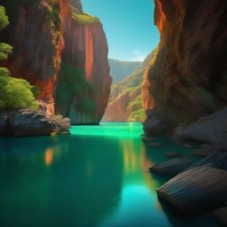 Glistening emerald waters of a secluded lagoon, hidden away amidst towering cliffs, invite weary travelers to find solace in its cool embrace. hyperrealistic, intricately detailed, color depth,splash art, concept art, mid shot, sharp focus, dramatic, 2/3 face angle, side light, colorful background