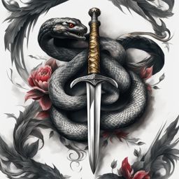 Snake on a sword tattoo, Artistic tattoos that combine snake motifs with sword imagery. colors, tattoo patterns, clean white background