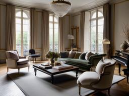 Parisian living room captures timeless elegance with herringbone parquet flooring, antique Louis XVI armchairs, and floor-to-ceiling windows that flood the room with natural light.  