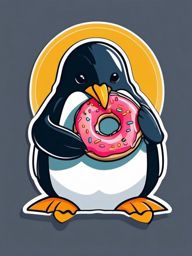 Penguin with Donut Sticker - A penguin delightfully enjoying a tasty donut. ,vector color sticker art,minimal