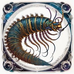 Centipede with cosmic elements design: Celestial connection etched in ink.  color tattoo style, white background