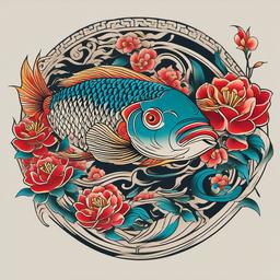 Chinese Fish Tattoos-Bold and vibrant tattoos featuring fish designs inspired by Chinese art and symbolism, capturing themes of luck and prosperity.  simple color vector tattoo