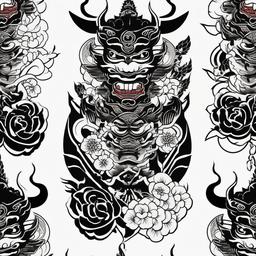Japanese Demon Tattoo Black - Black ink tattoo featuring various Japanese demon motifs.  simple color tattoo,white background,minimal