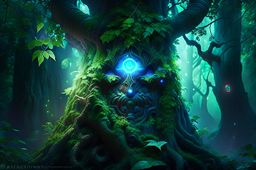 enchanted forest guardian, a towering tree creature with mossy limbs and glowing runes. 