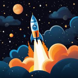 Rocket flying through a starry sky clipart.  vector style illustration, white background