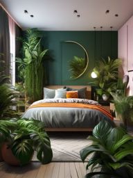 Urban Jungle Sleeping Oasis - Turn your bedroom into an urban jungle with houseplants. , bedroom interior decor design ideas, multicoloured, photo realistic, hyper detail, high resolution,