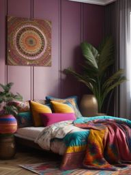 Artistic Bohemian Sleeping Corner - Design an artistic bohemian corner with unique decor. , bedroom interior decor design ideas, multicoloured, photo realistic, hyper detail, high resolution,