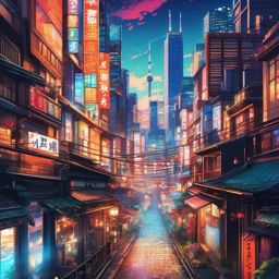 Anime City Background with Tokyo Cityscape in Manga-Inspired World wallpaper splash art, vibrant colors, intricate patterns