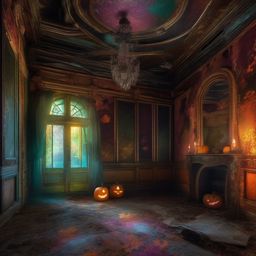 Halloween Backgrounds - Ghostly Apparitions in Abandoned Mansion wallpaper splash art, vibrant colors, intricate patterns