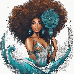 Afro Mermaid Tattoo - Showcase a mermaid with Afro-inspired elements in a creative and unique tattoo.  simple vector color tattoo,minimal,white background