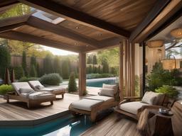 The pool area embraces rustic interior design with wooden loungers, natural landscaping, and cozy seating that creates an inviting space for summer enjoyment.  