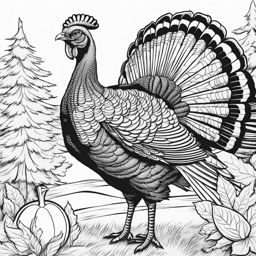 turkey coloring pages - a turkey struts confidently in a festive thanksgiving scene. 