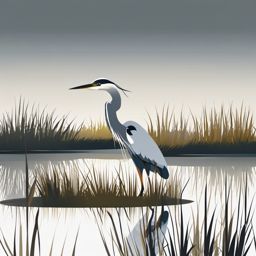 Heron Clipart - Heron wading in a shallow marsh , minimal, 2d