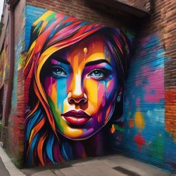 Whimsical street art mural, painted on a brick wall, transforms a mundane alleyway into a vibrant tapestry of colors, dreams, and urban creativity. hyperrealistic, intricately detailed, color depth,splash art, concept art, mid shot, sharp focus, dramatic, 2/3 face angle, side light, colorful background