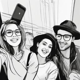 drawing of friends taking a selfie  minimal rough sketch scribbles,doodles,black and white