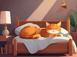 Cat Cartoon - Cartoon of cat napping in cozy bed  